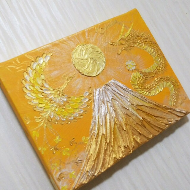 風水最強黄金絵画＊黄金昇龍と鳳凰　引き寄せ日の出金富士∞　金運出世財運夫婦縁結び ハンドメイドのインテリア/家具(アート/写真)の商品写真