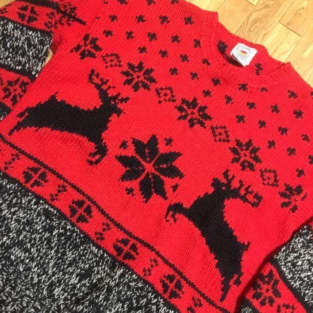 トップス90s Shetland Wool ノルディック柄 ニットセーター 赤 黒 S