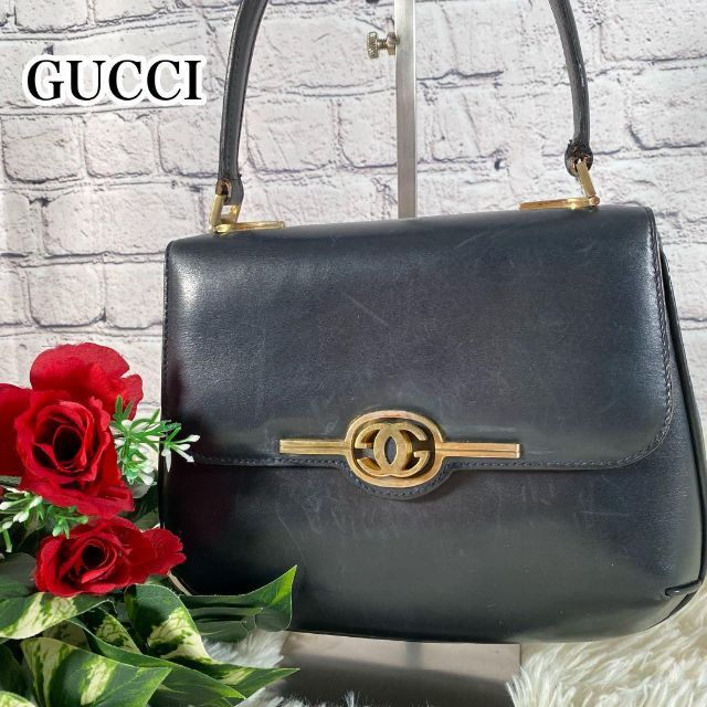 GUCCI ロゴ型ターンロック トップハンドル ハンドバッグ カーフ 黒