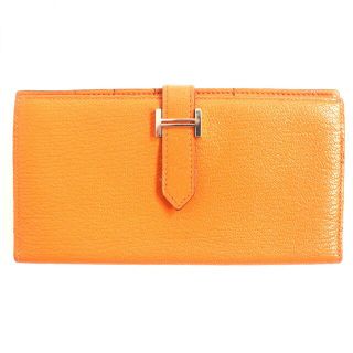 エルメス(Hermes)の良品▼HERMES エルメス ベアンスフレ シェーブル シルバーHロゴ金具 レザーウォレット/2つ折り長財布 オレンジ 仏製 □M刻印 箱付き(折り財布)