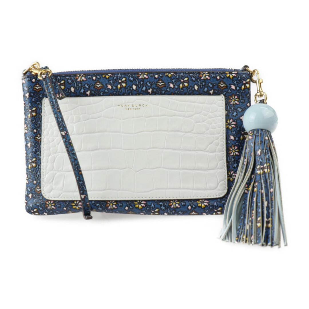 状態コンディション外側Tory Burch トリーバーチ  カラーブロック タッセル クロスボディ ショルダーバッグ  レザー   BLUE WILD PANSY ブルー系マルチカラー ゴールド金具  2WAY クラッチバッグ ポーチ 花柄 フラワー クロコ 型押し 【本物保証】