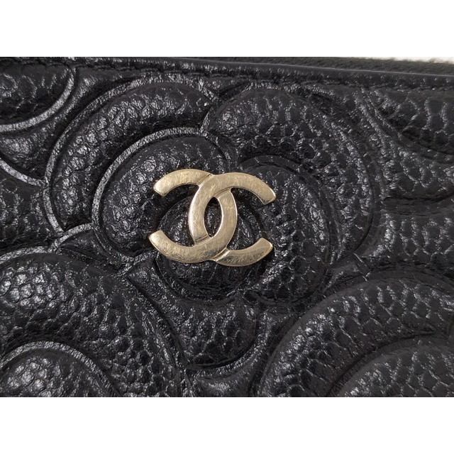 CHANEL カメリア ラウンドファスナー コインケース レザー ブラック