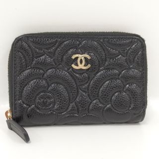 シャネル(CHANEL)のCHANEL カメリア ラウンドファスナー コインケース レザー ブラック(コインケース)