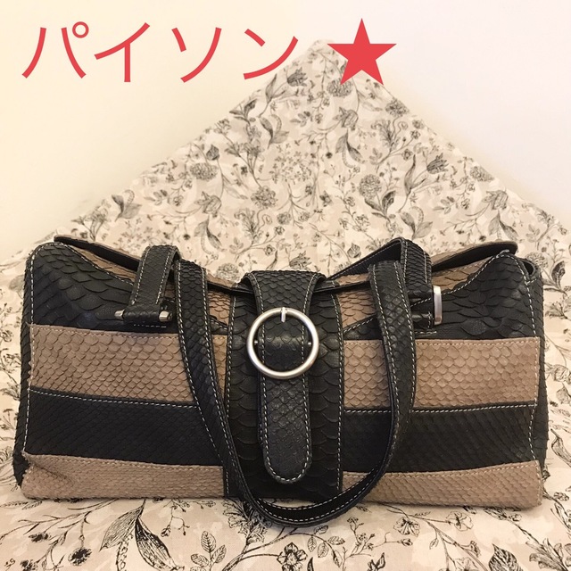 良品☆ リアル パイソン ヘビ革 バイカラー 肩がけショルダーバッグ-