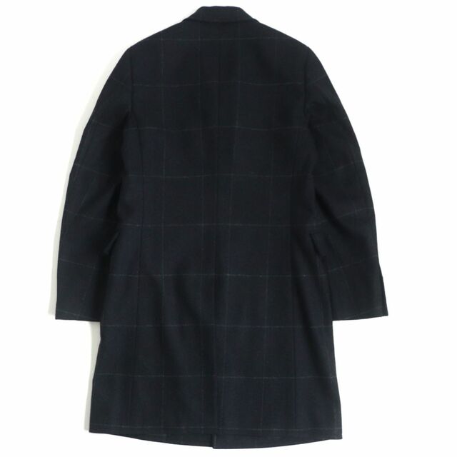 極美品▼19AW エルメス チェック柄 レザー使い 比翼仕立て ウール100% ステンカラーコート 紺 46 メンズ 正規品 ハンガー・ガーメント付き