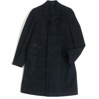 エルメス(Hermes)の極美品▼19AW エルメス チェック柄 レザー使い 比翼仕立て ウール100% ステンカラーコート 紺 46 メンズ 正規品 ハンガー・ガーメント付き(ステンカラーコート)