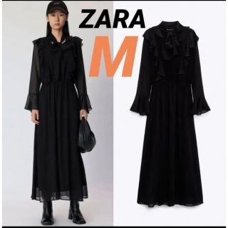 ザラ(ZARA)のZARA ミディ丈フリルワンピース リボンディテールハイネックワンピース M(ロングワンピース/マキシワンピース)