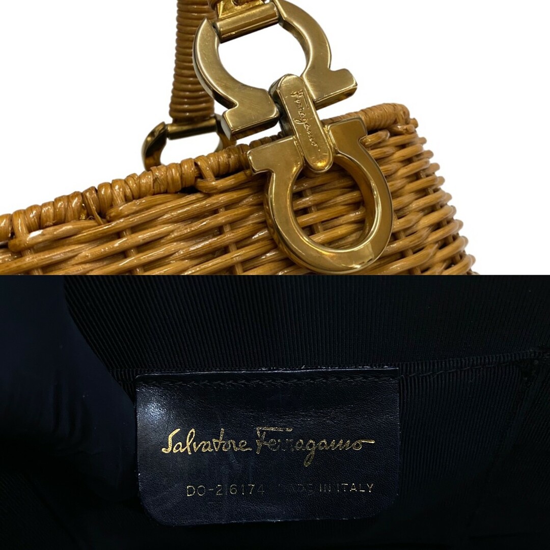 極 美品 保存袋付 Salvatore Ferragamo フェラガモ ガンチーニ 金具 ラタン ハンドバッグ ミニ トートバッグ ベージュ 1454-2