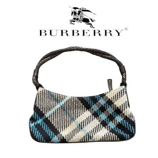 バーバリー(BURBERRY)の【廃番品】バーバリー　ハンドバッグ　ウール　チェック　青　美品　アンティーク(ハンドバッグ)