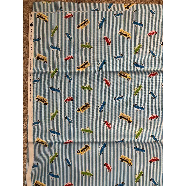 オックス生地　ストライプ　乗り物：車シリーズ　巾着用 ハンドメイドの素材/材料(生地/糸)の商品写真
