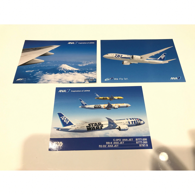 ANA(全日本空輸)(エーエヌエー(ゼンニッポンクウユ))の【非売品】ボーイング787-8 スターウォーズ他　葉書　ポストカード3枚 エンタメ/ホビーのコレクション(使用済み切手/官製はがき)の商品写真