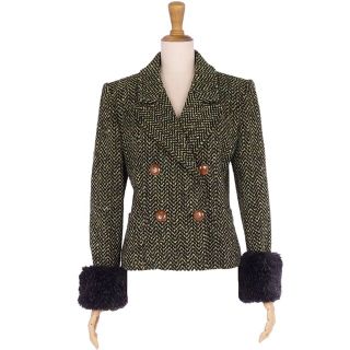 サンローラン(Saint Laurent)の美品 Vintage イヴサンローラン Yves Saint Laurent ジャケット ダブルブレスト 袖エコファー ミックスツイード アウター レディース 34(S相当) グリーン(その他)