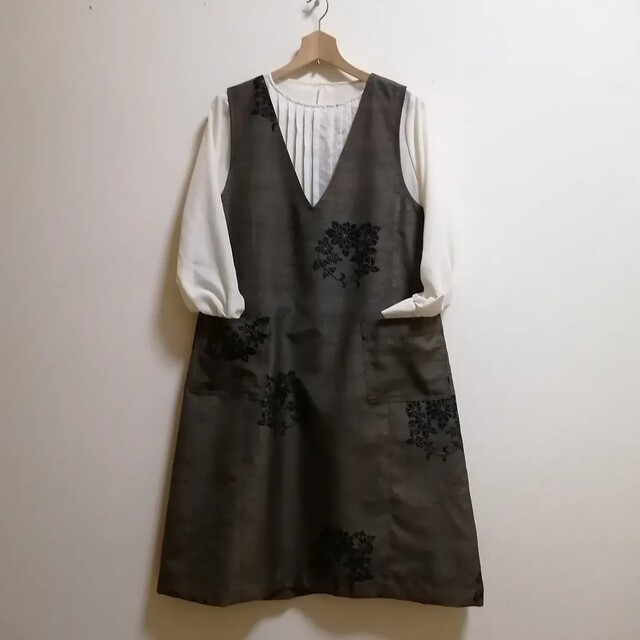 SOLD　着物リメイク　Aラインジャンパースカート紬