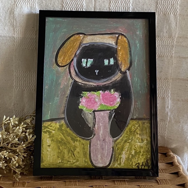 絵画 。原画【子犬の帽子をかぶったかわいい黒猫が美しい花瓶を整えている】 5