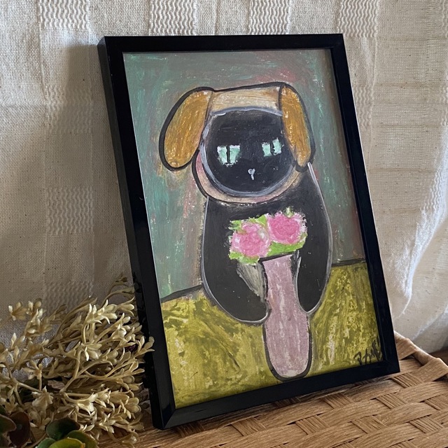 絵画 。原画【子犬の帽子をかぶったかわいい黒猫が美しい花瓶を整えている】 4