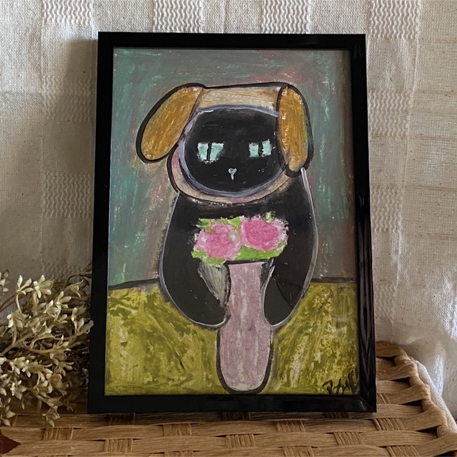 絵画 。原画【子犬の帽子をかぶったかわいい黒猫が美しい花瓶を整えている】 3