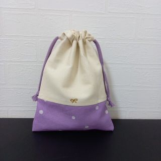 【ハンドメイド】ドット　パープル　巾着　リボン(バッグ/レッスンバッグ)