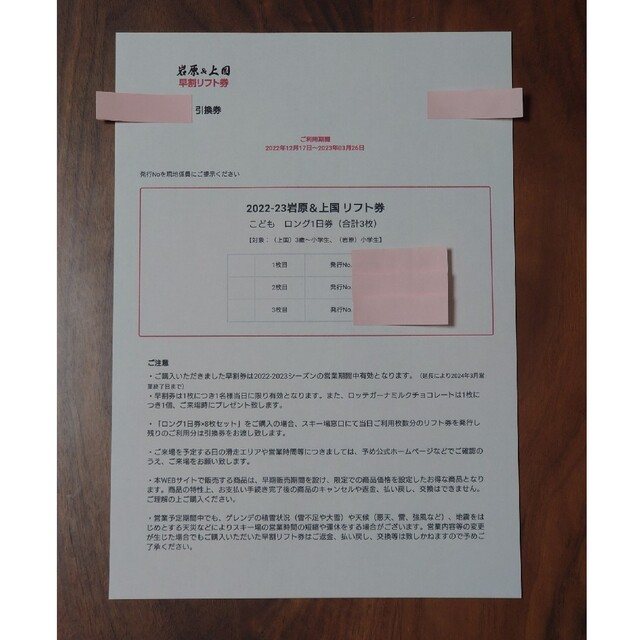 上越国際 岩原 スキー場 リフト券 1日券 引換券 3枚 - その他