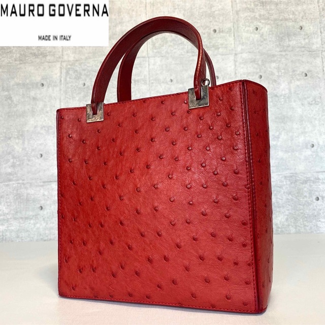 MAURO GOVERNA】オーストリッチ ルビーレッド 本革 ハンドバッグ 正規