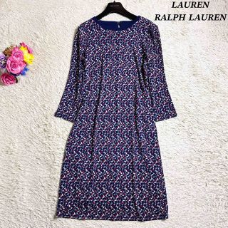 ラルフローレン(Ralph Lauren)の美品ꕤローレンラルフローレン ワンピース ひざ丈 総柄 幾何学 ドレープ  S(ひざ丈ワンピース)