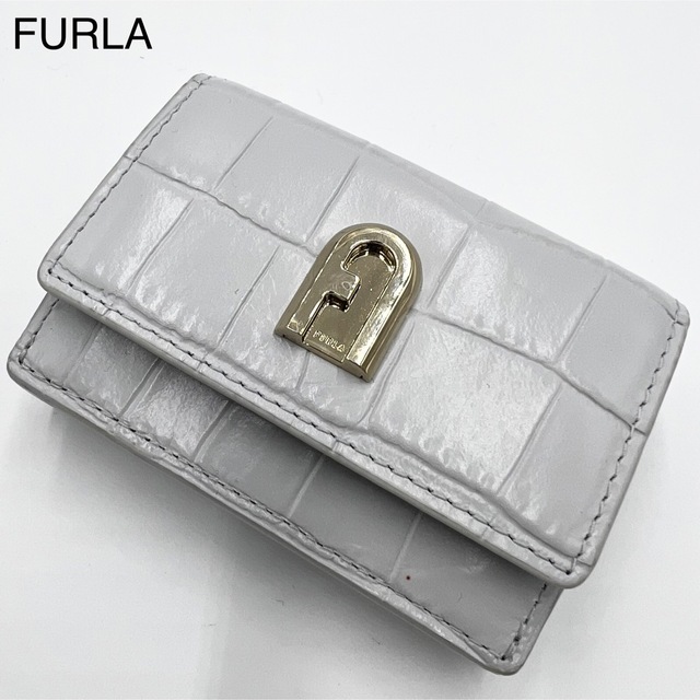 【美品】FURLA フルラ NERO 三つ折り財布 クロコ型押し スムースレザー