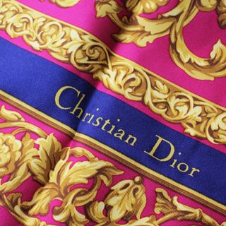 Christian Dior クリスチャンディオール 大判 シルクスカーフ/フューシャピンク×ゴールド【2400013217477】