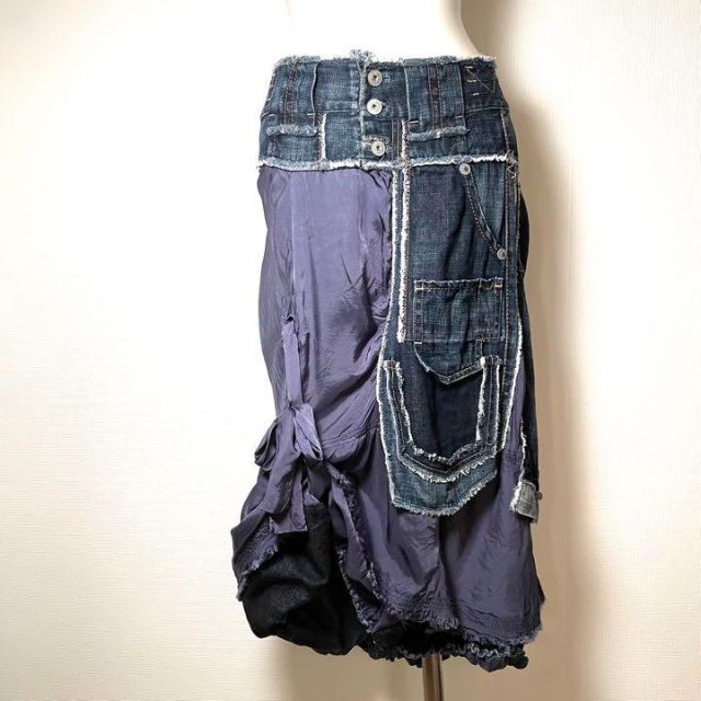 【ヨーロッパ古着】ハンドメイド美品❗️デニム　タイトスカート高品質パッチワーク青のサムネイル