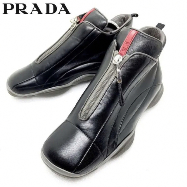 レディースPRADA プラダスポーツ フロントジップ ハイカット レザー スニーカー