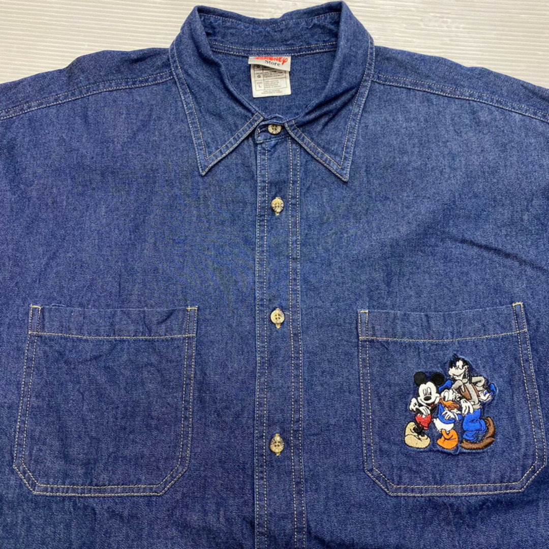 90’s ディズニー The DiSNEY Store デニム シャツ ミッキーマウス ドナルドダック グーフィー 刺繍 長袖 サイズ：L 【中古】