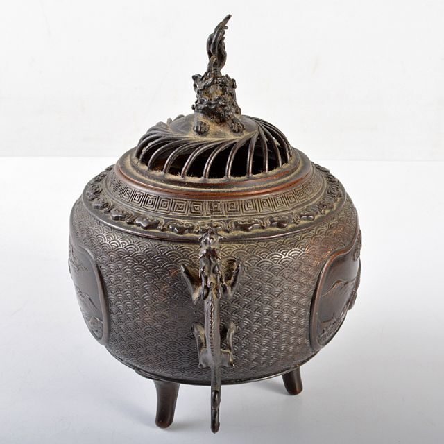 金工師 米田秀保作 高岡銅器 青銅製 獅子双耳三足香炉(高岡銅器 金工師 米田秀保作 高岡銅器 青銅製 獅子双耳三足香炉(高岡銅器