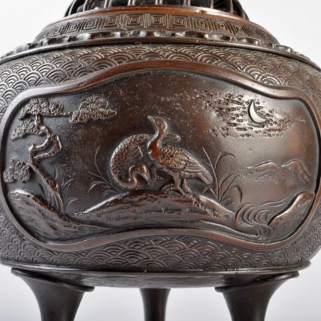 高岡銅器 米田秀保作 蝋型鋳銅 獅子摘 山水鳥文 双龍耳香炉 M R5503の