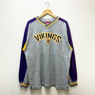 NFL VIKINGS ロンT 切り替え ワッペン 刺繍 ロングスリーブ Tシャツ 長袖 ロゴ サイズ：M グレー×パープル×イエロー古着 【中古】(Tシャツ/カットソー(半袖/袖なし))