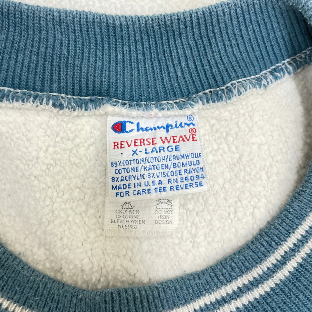 90's チャンピオン Champion リバースウィーブ REVERSE WEAVE スウェット シャツ トレーナー トリム リブボーダー  サイズ：X-LARGE グレー×ブルー系 Made in U.S.A.古着 【中古】