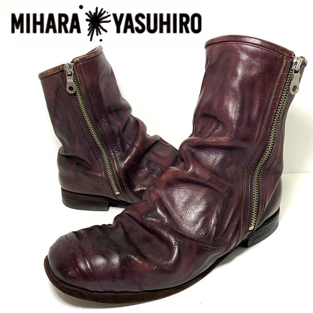 ブーツMIHARA YASUHIRO☆シワ加工サイドジップブーツ☆ワインレッド☆26☆