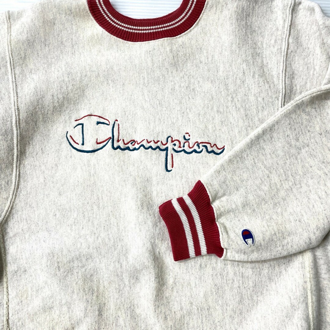 90's チャンピオン Champion リバースウィーブ REVERSE WEAVE スウェット シャツ トレーナー トリム リブボーダー サイズ：X-LARGE グレー×ブルー系 Made in U.S.A.