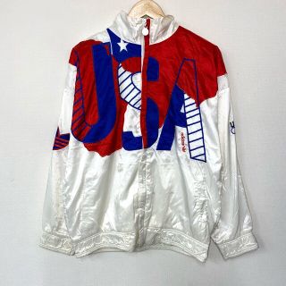 アディダス(adidas)の80’s アディダス adidas USA Olympic ジップアップ ナイロン ジャケット ロングスリーブ ウィンドブレーカー 長袖 ロゴ オリンピック 刺繍 サイズ：M ホワイト×レッド×ブルー 【中古】(その他)