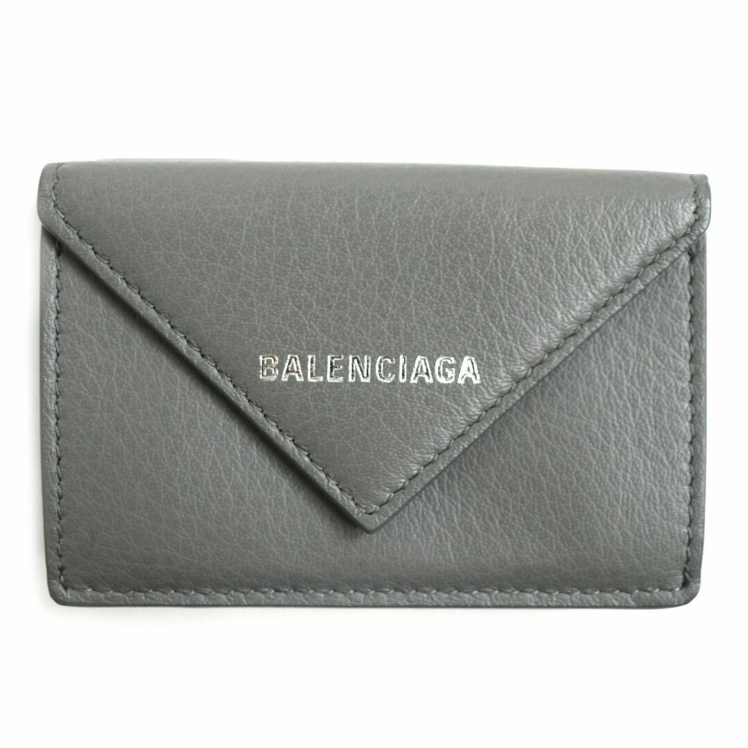 美品▼BALENCIAGA バレンシアガ 391446 ペーパー ミニウォレット レザー 3つ折り財布 グレー×シルバー メンズ レディース 伊製 箱・袋付き