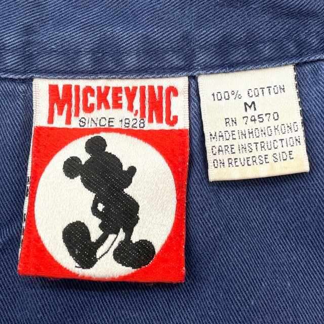 トップスディズニー MICKEY,INC ボタンダウン ストライプ シャツ 半袖 ミッキーマウス Mickey Mouse ロゴ ワンポイント 刺繍 サイズ：M ネイビー×レッド