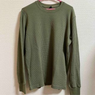 ユニクロ(UNIQLO)のユニクロ UNIQLO ワッフルクルーネックT 長袖 メンズS カーキオリーブ緑(Tシャツ/カットソー(七分/長袖))