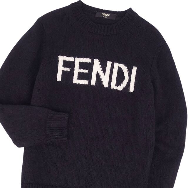 美品 フェンディ FENDI ニット セーター ロングスリーブ ロゴ ウール トップス メンズ 50(M相当) ブラック