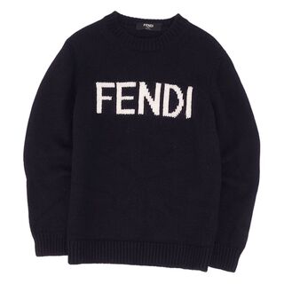 フェンディ(FENDI)の美品 フェンディ FENDI ニット セーター ロングスリーブ ロゴ ウール トップス メンズ  50(M相当) ブラック(ニット/セーター)