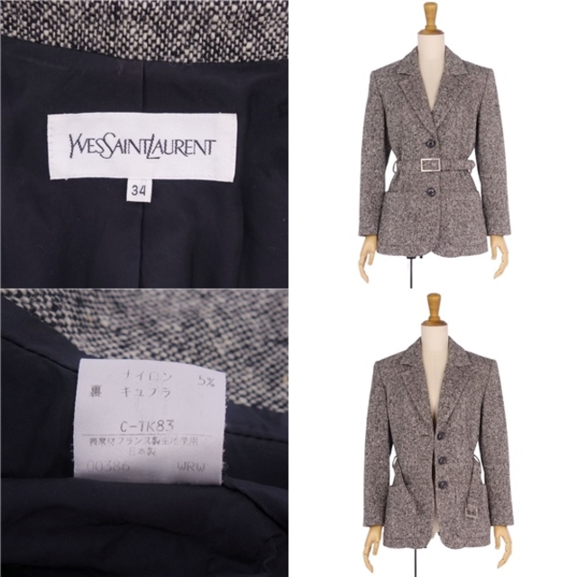 Saint Laurent(サンローラン)の美品 Vintage イヴサンローラン Yves Saint Laurent ジャケット ベルト付き ウール ツイード アウター レディース 34(S相当) グレー レディースのジャケット/アウター(その他)の商品写真