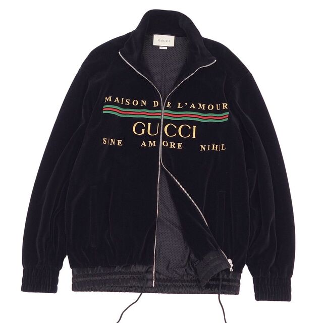 極美品 グッチ GUCCI ジャケット 19AW シェニール ジップアップ ベロア ロゴ アウター メンズ イタリア製 S ブラック