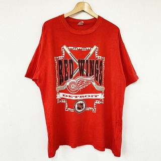 90's デトロイト・レッドウィングス Detroit Red Wings Tシャツ NHL ホッケー 半袖 ロゴプリント サイズ：XL レッド古着 【中古】(Tシャツ/カットソー(半袖/袖なし))
