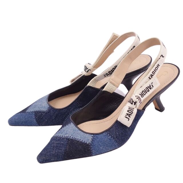 美品 クリスチャンディオール Christian Dior パンプス J'ADIOR デニムパッチワーク バックストラップ ヒール シューズ 靴 レディース 37D(24cm相当) インディゴブルー