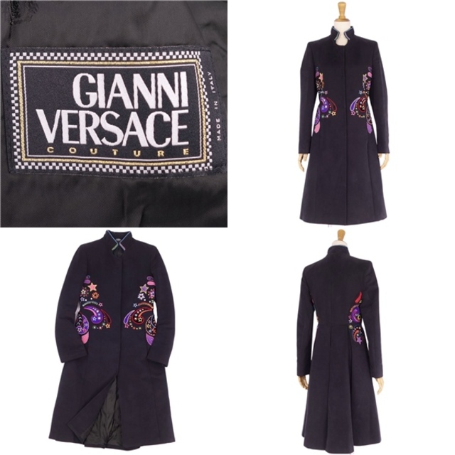 GIEVES & HAWKES(ギーブスアンドホークス)の美品 Vintage ジャンニヴェルサーチ GIANNI VERSACE コート ロングコート ペイズリー刺繍 アウター レディース 38(S相当) ブラック レディースのジャケット/アウター(その他)の商品写真