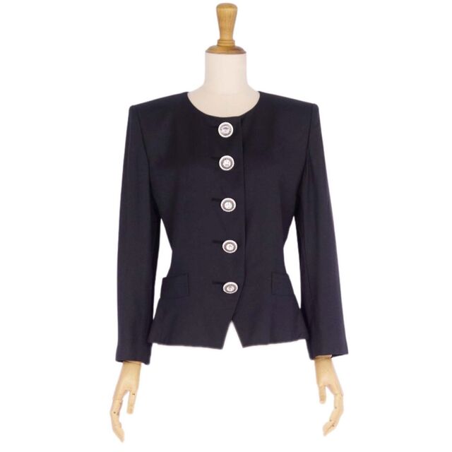 美品 Vintage イヴサンローラン Yves Saint Laurent ジャケット ノーカラージャケット ラインストーン アウター レディース 36(S相当) ダークネイビー