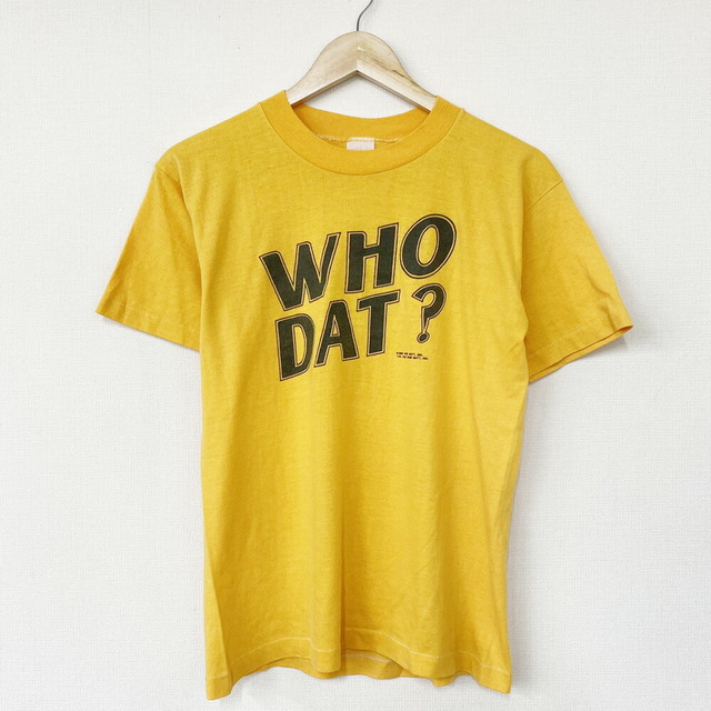 80's HEF-T Tシャツ WHO DAT? プリント 半袖 MADE IN USA サイズ：M イエロー古着 【中古】 メンズのトップス(Tシャツ/カットソー(半袖/袖なし))の商品写真