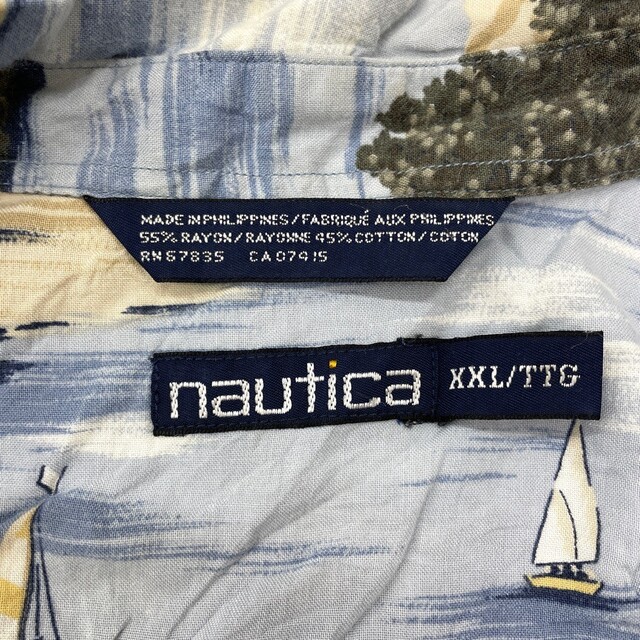 ノーティカ NAUTICA アロハ シャツ ボタンダウン 半袖 船柄 総柄 サイズ：XXL ライトブルー×ベージュ×グリーン等