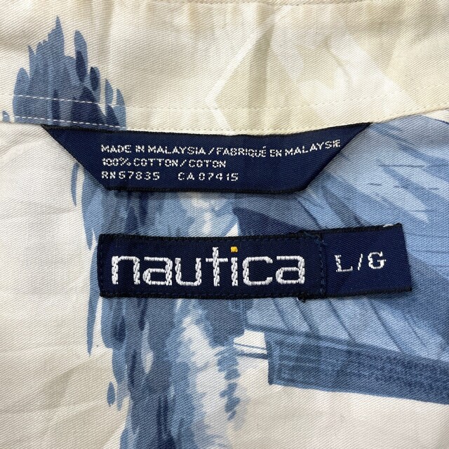 ノーティカ NAUTICA アロハ シャツ ボタンダウン 半袖 船柄 総柄 サイズ：L アイボリー×ブルーグレー×ホワイト×イエロー